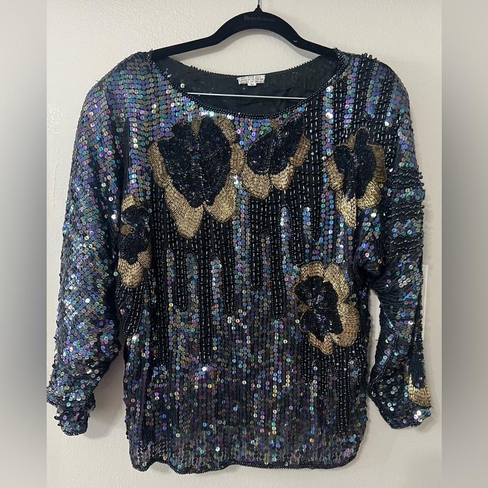 Vintage 80s Silk Sequin Beaded Top L Black Gold Floral Glam